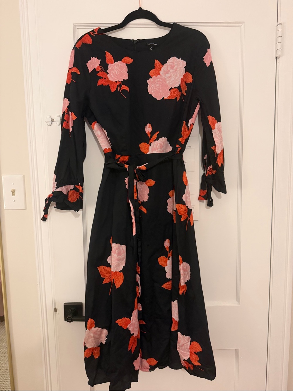 Who What Wear Black Midi Dress with Pink and Orange Floral Print